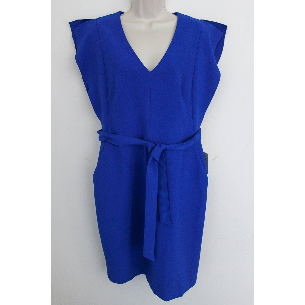 Eliza J Sheath Dress Size 14 Blue V-Neck Ruffle‎ Sleeve Belted Tie Waist Pockets